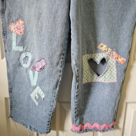 Women's Blue Denim Overalls with Colorful Patches - Picture 6 of 15